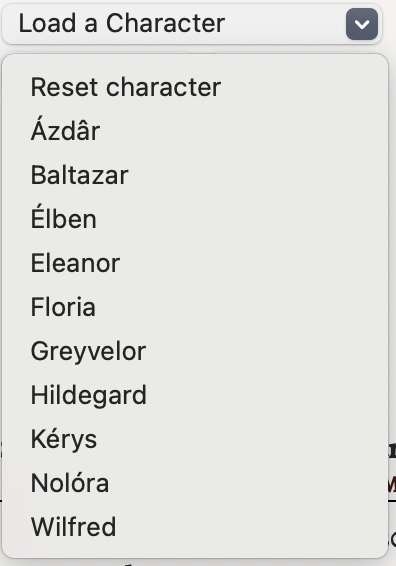 The skills development load menu with Hildegard selected.