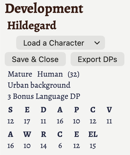 The skills development window's top section for Hildegard.