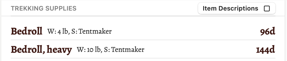 A section of the trekking supplies list showing two types of bedrolls.