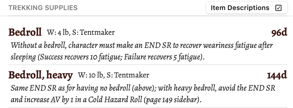 A section of the trekking supplies list showing two types of bedrolls with descriptions shown.