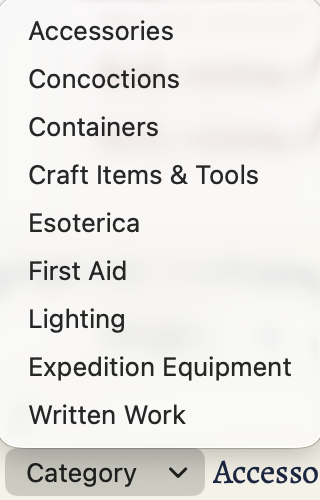 Categories of items that you can add.