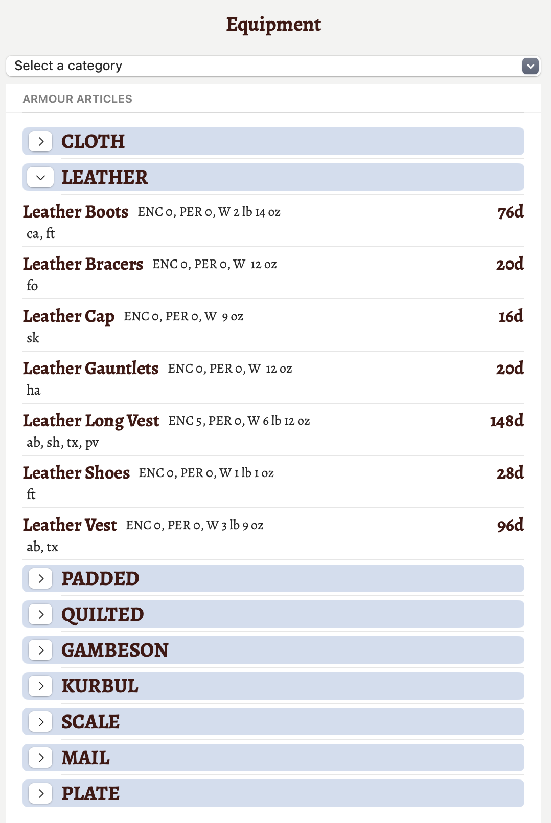 The armour/clothing articles section showing leather items.