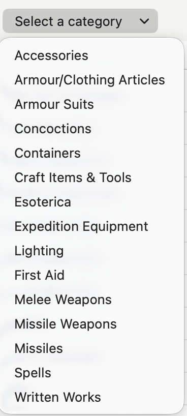 The 'select a category' menu showing all the options.