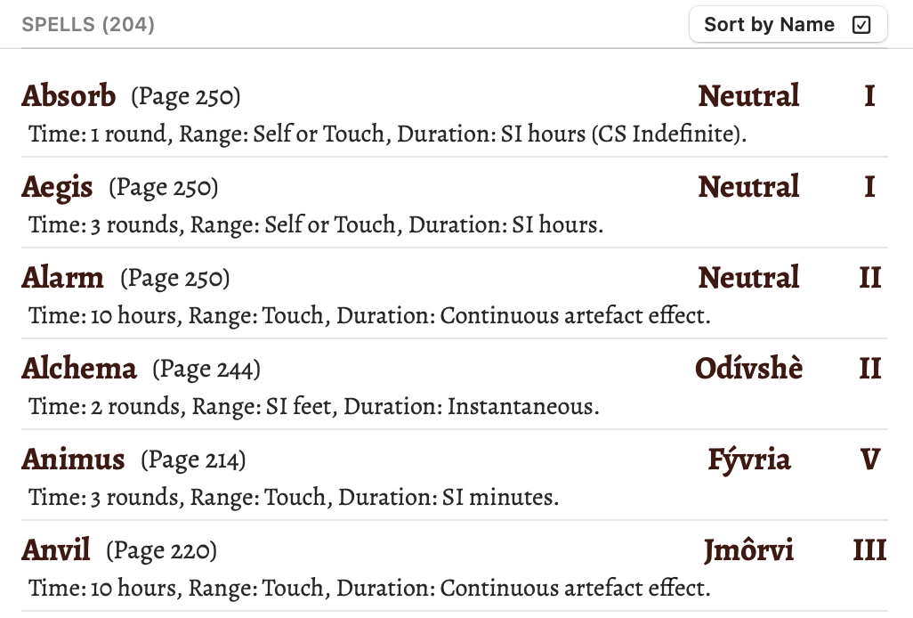 A portion of the spells category, sorted by name.
