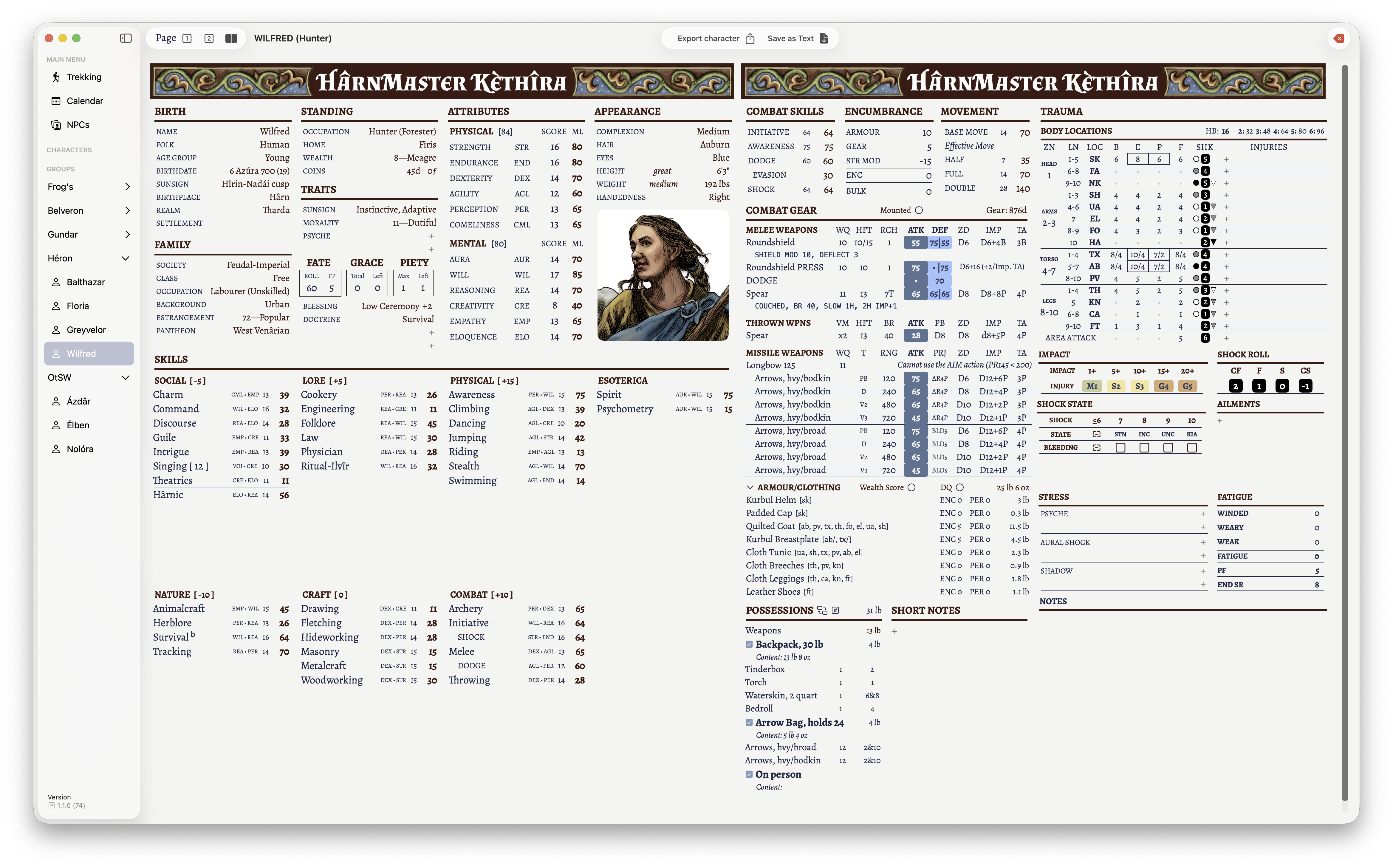 The first page of the character sheet for a Hunter character named Wilfred.